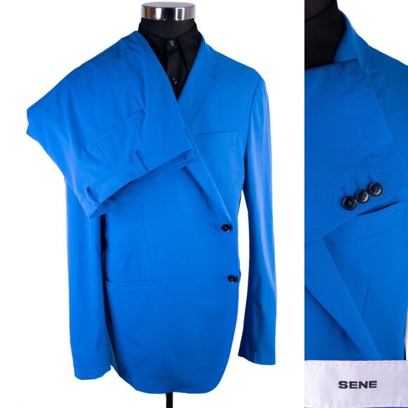 Sene Other - Sene Solid Blue Stretch 2-Pcs Blazer Jacket Sz 54L Pants Sz 42x27 Poly Blend EUC